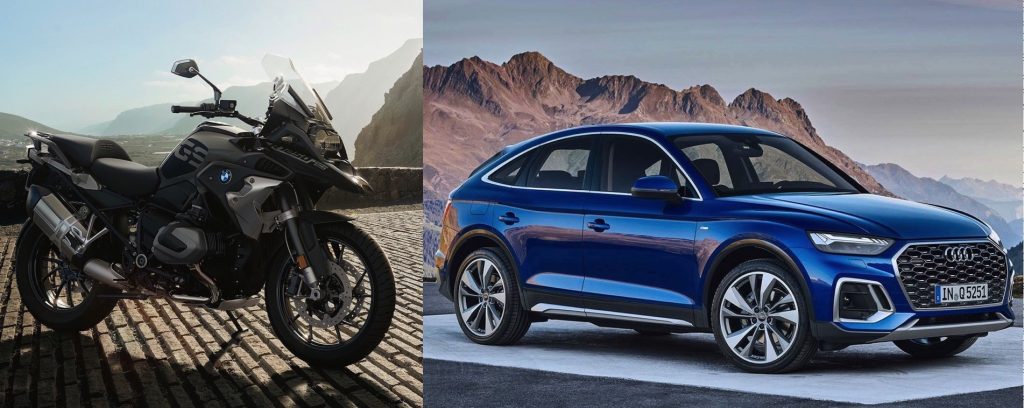 BMW's R 1250 GS pitted against an Audi Q5 Sport Back 45 TFSI Quattro. Media courtesy of Edmunds and BMW.