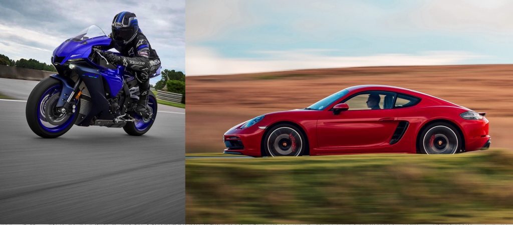 Yamaha's R1 pitted against a Porsche 718 Cayman. Media courtesy of Crossroads Yamaha and Top Gear.