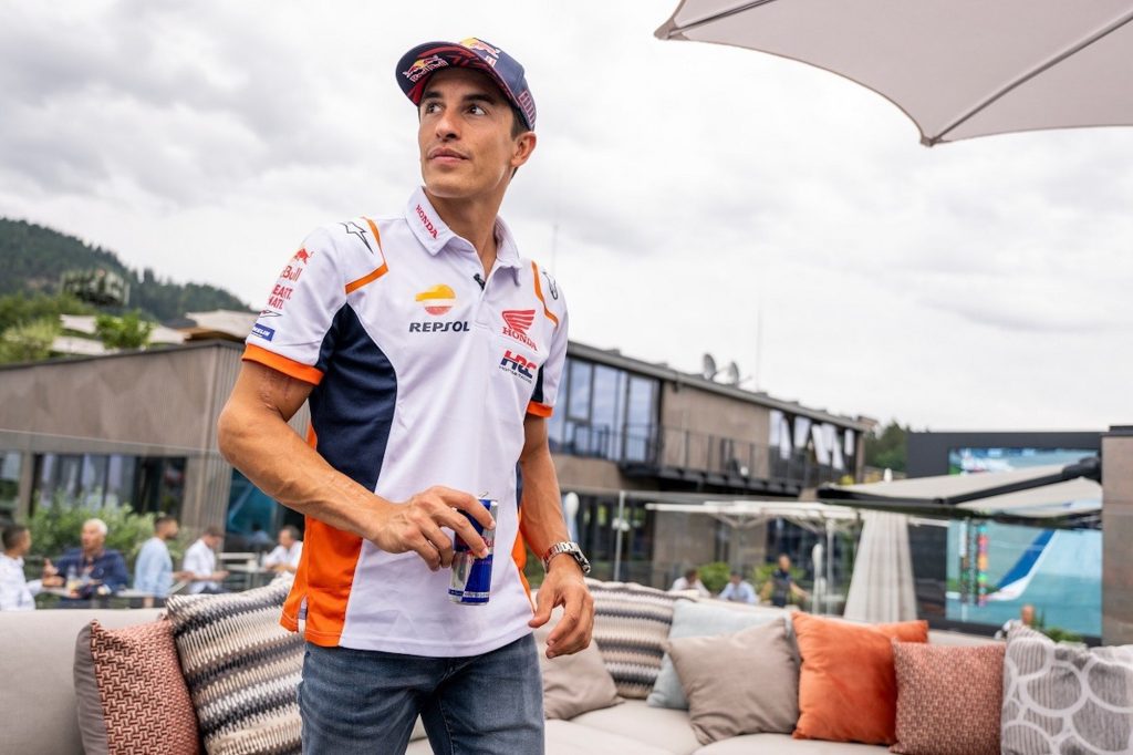 Marc Marquez with a can of RedBull. Media sourced from Motorcycle Sport. 