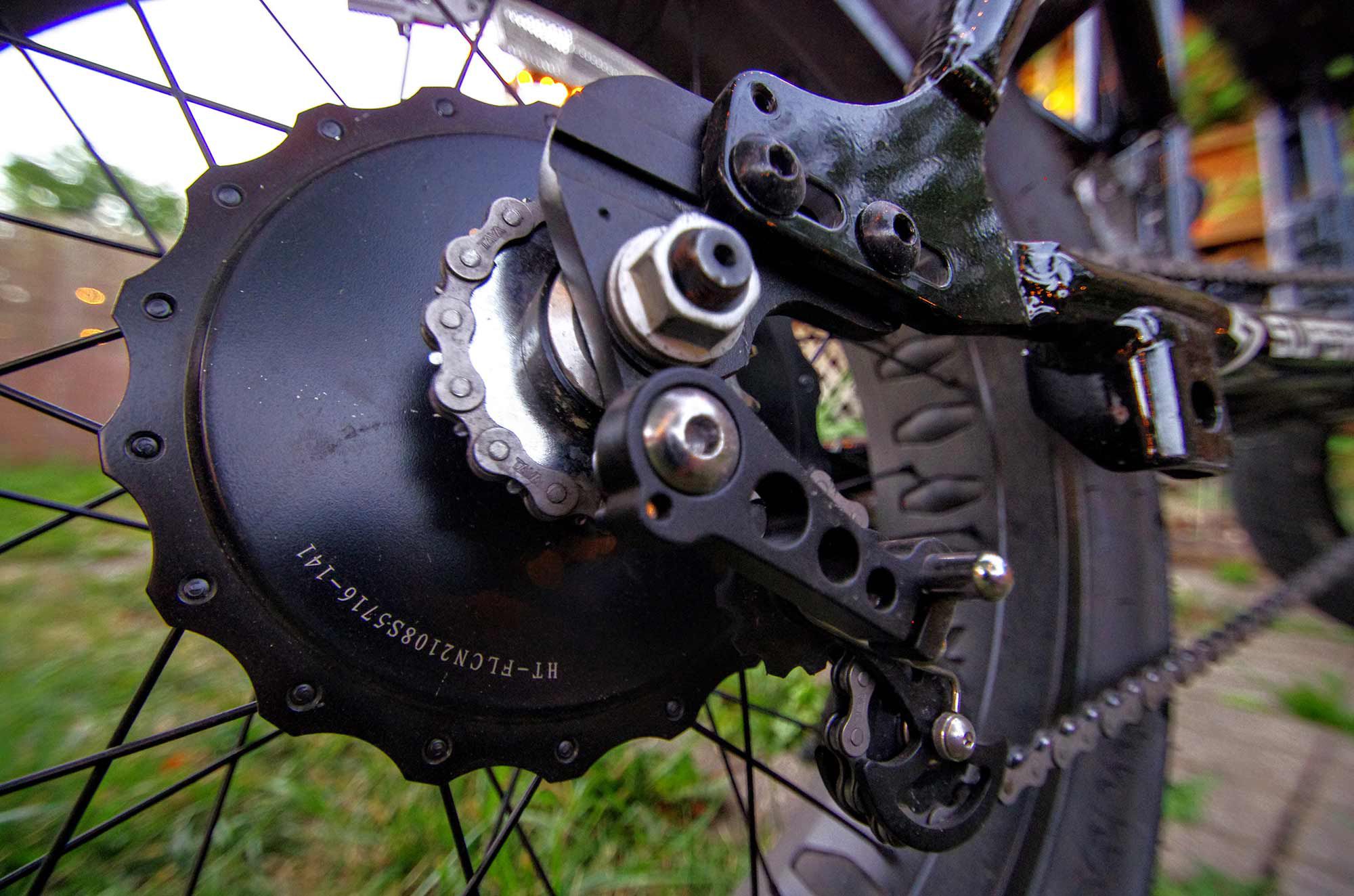 The 750W nominal power (2,000W peak power) hub-mounted motor works a 1/8-inch chain with tensioner.