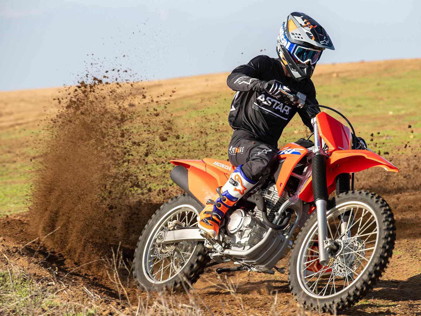 The CRF250F is all about flinging dirt, having fun, and growing skills.
