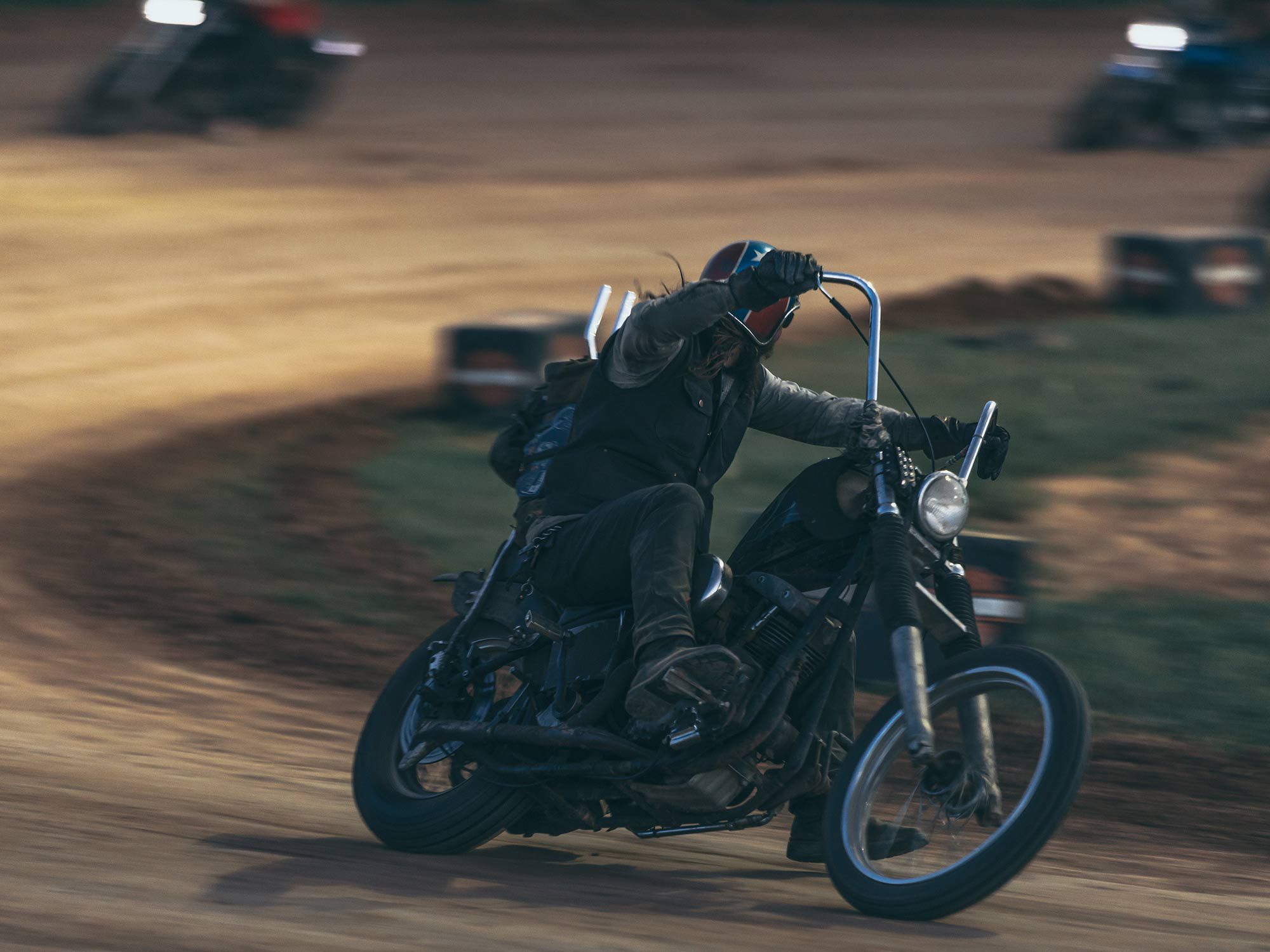 No front brake necessary, apehangers optional: dirt track contest at Sturgis.