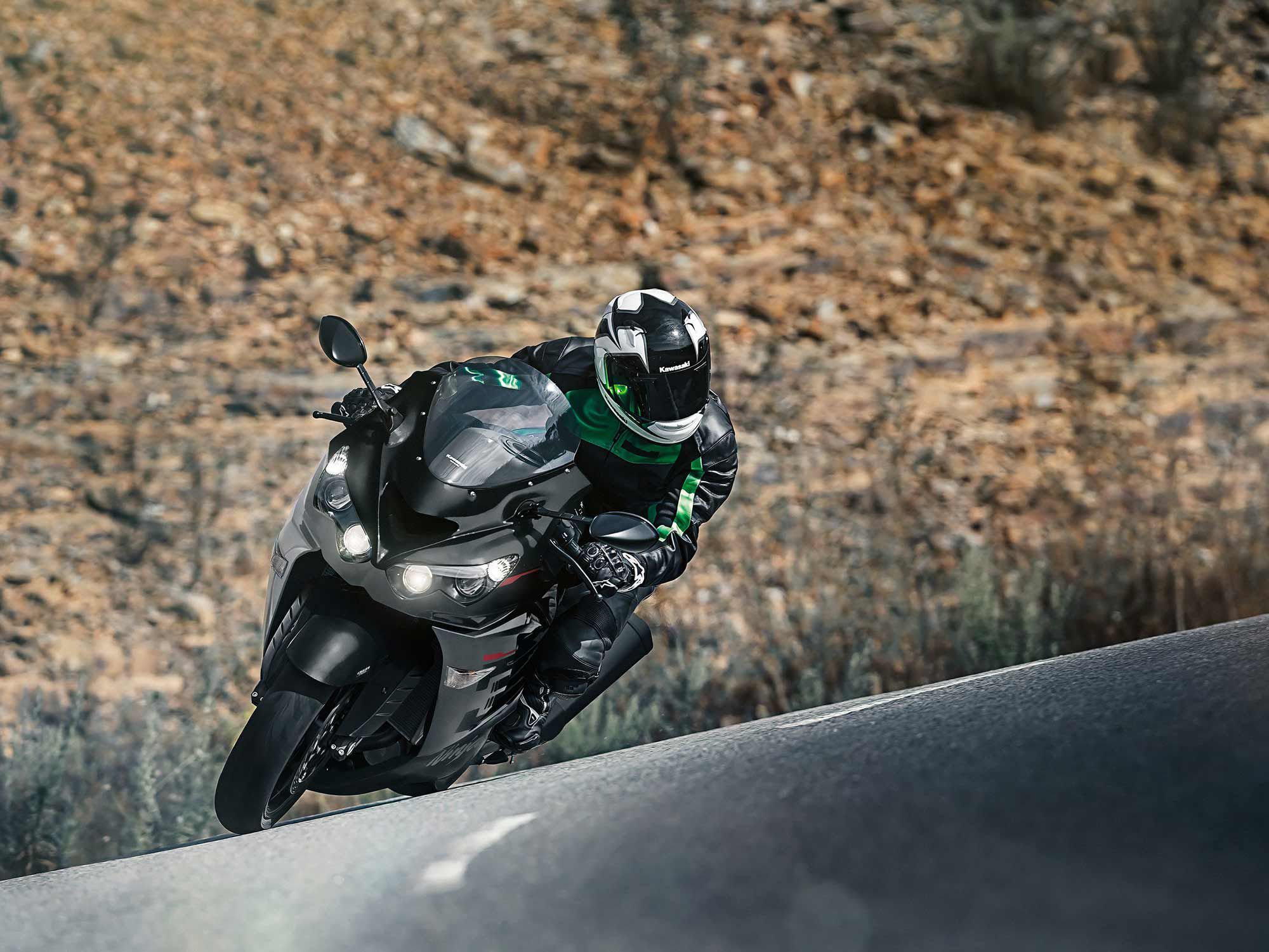 There’s no hiding the ZX-14R’s size. A benefit to the oversized platform is comfort; reach to the bars is short so your torso is more upright than usual on a sportbike.