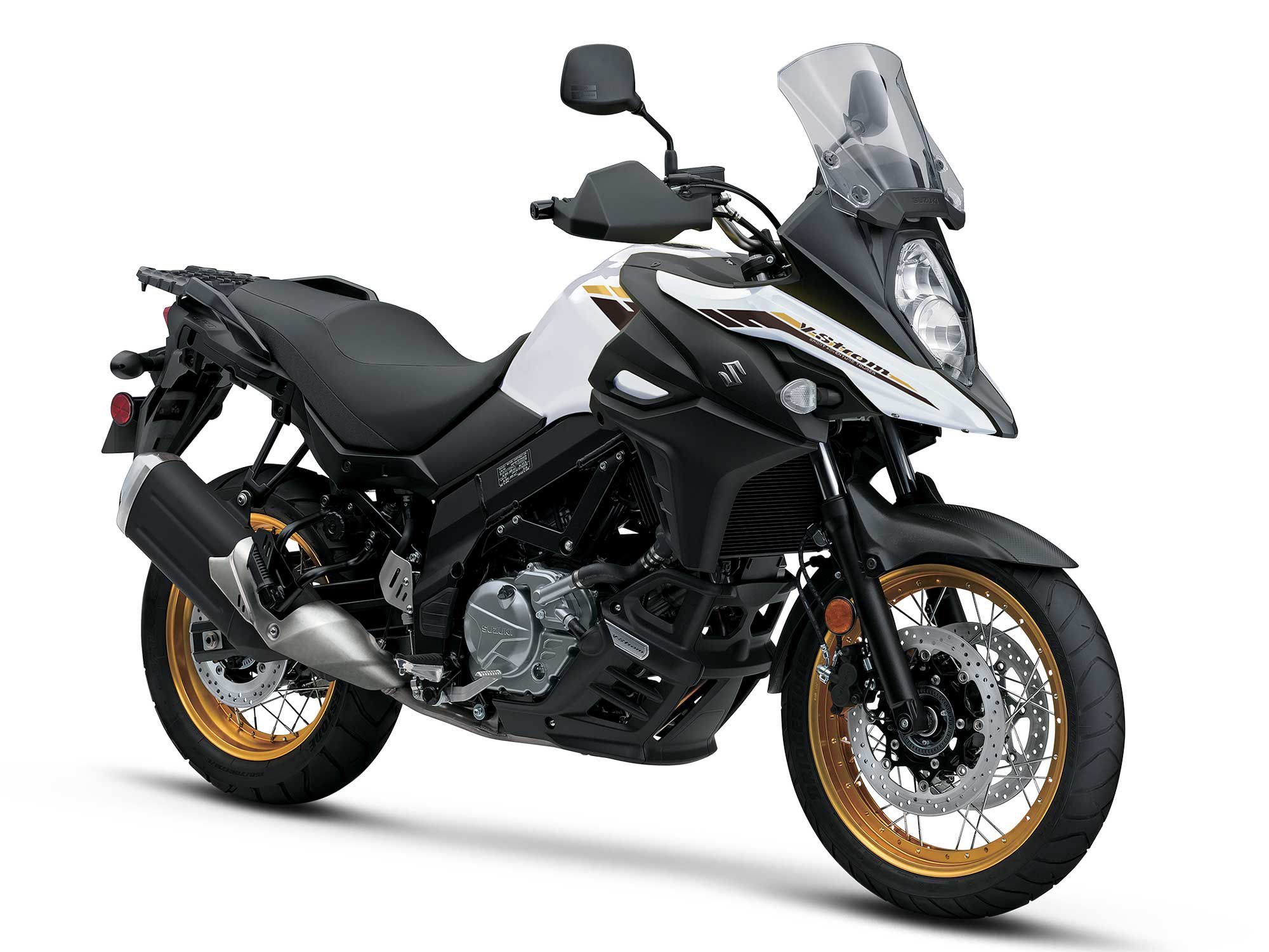 For 2023, V-Strom 650 is available in white paint with gold-anodized wheels.