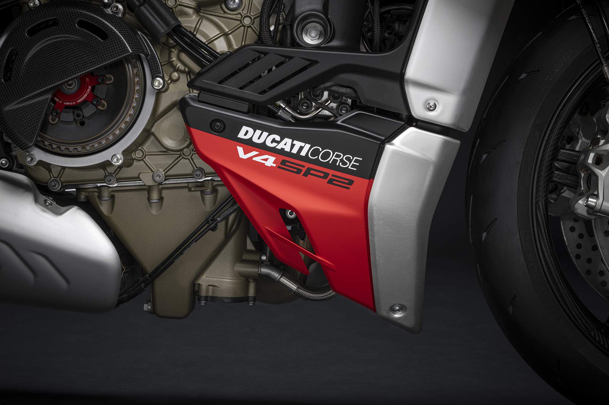 The Ducati Streetfighter V4 SP2 dry clutch and lower fairing badging.