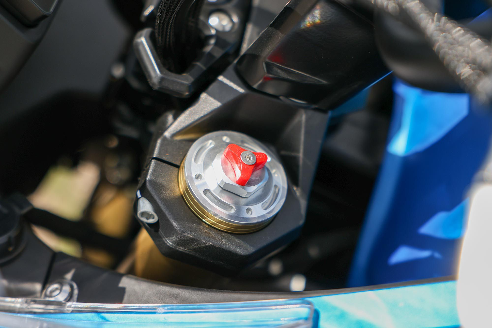 Despite the low MSRP, CFMoto’s machines aren’t short on nice features. The 650 Adventura’s fork features 12 clicks of rebound damping adjustment through easy-to-access knobs. The shock offers eight clicks of rebound damping adjustment, and stepless preload adjustment.