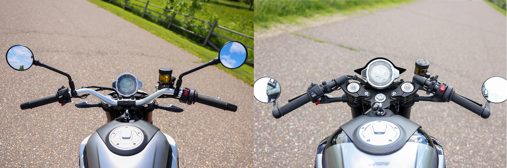 More differences between the 700CL-X (left) and 700CL-X Sport (right). Notice the bar-end mirrors on the Sport, versus the traditional mirror setup base model. All 700CL-X models come with an LED headlight, taillights, auto-canceling turn signals, stylized daytime running lights, and a center-mounted gauge.
