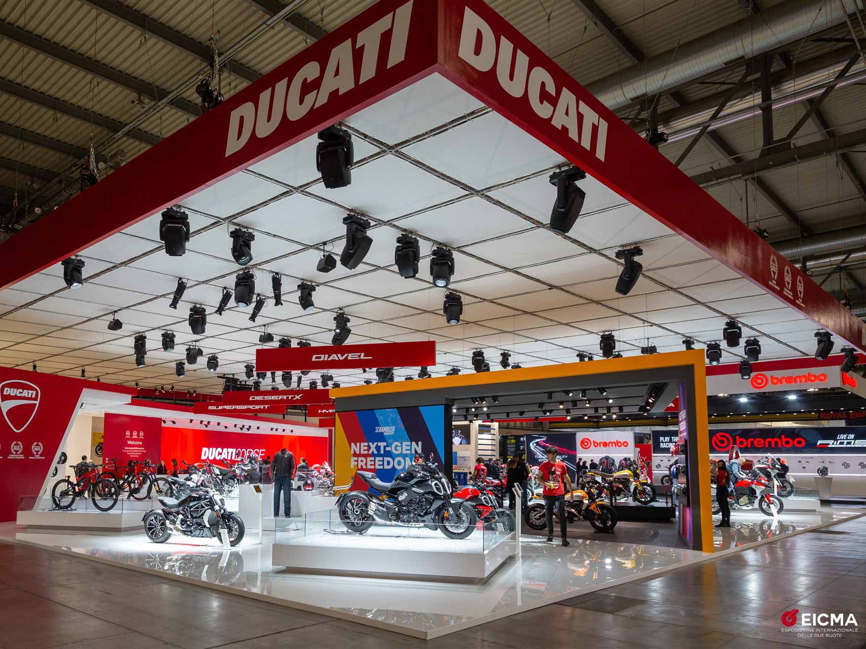 Acre and acres of shiny Ducatis at the EICMA 2022 show.