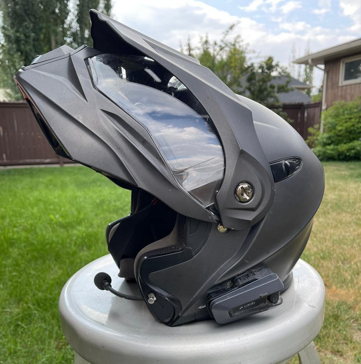 The Cardo PT Edge installed in Greg’s Scorpion AT950 helmet.