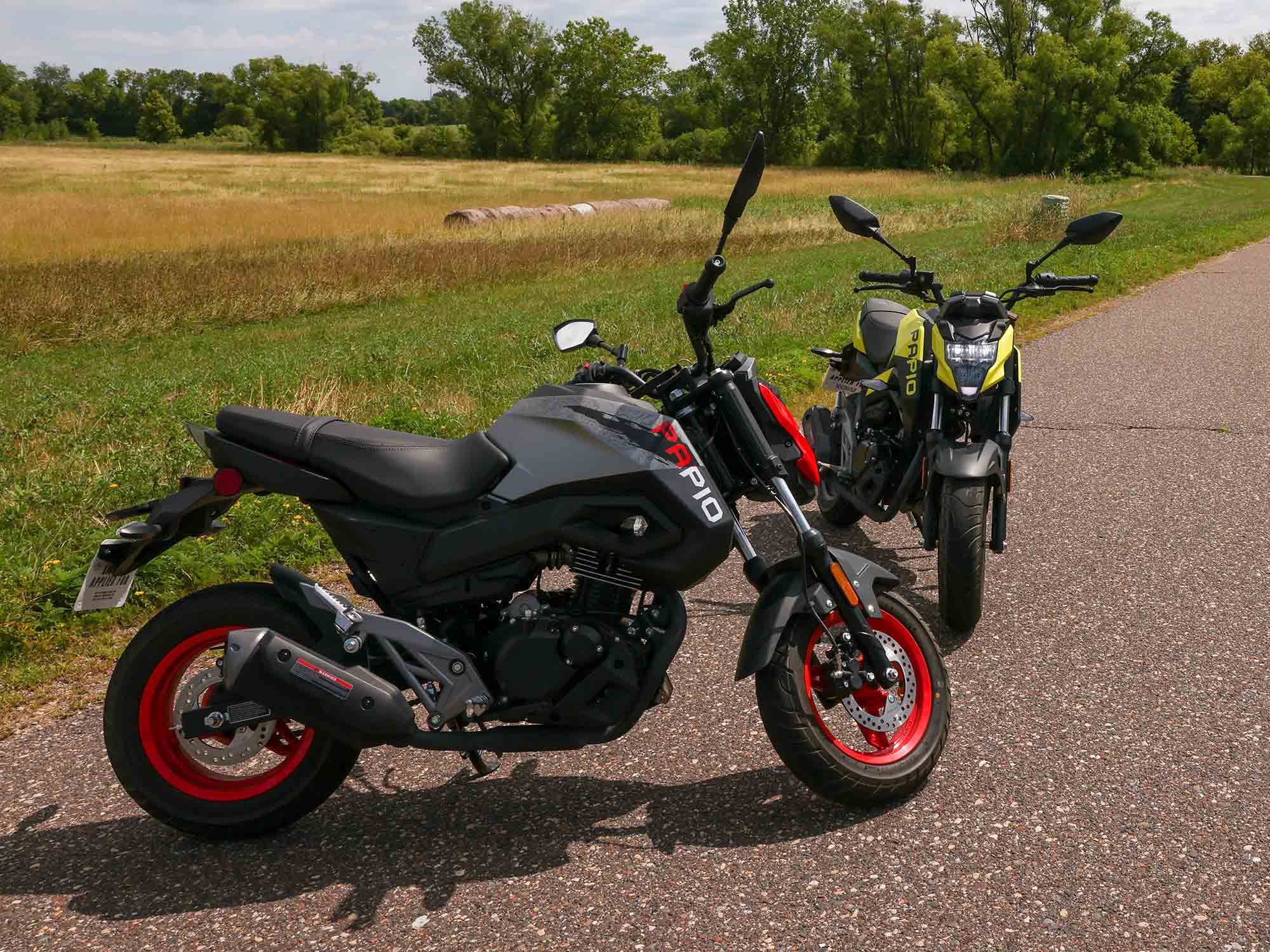 The Papio’s sport-inspired bodywork is available in two colors: yellow and Grey/Red Dragon. MSRP is $2,999, compared to $3,499 for the Honda Grom and $3,399 for the Kawasaki Z125 Pro.