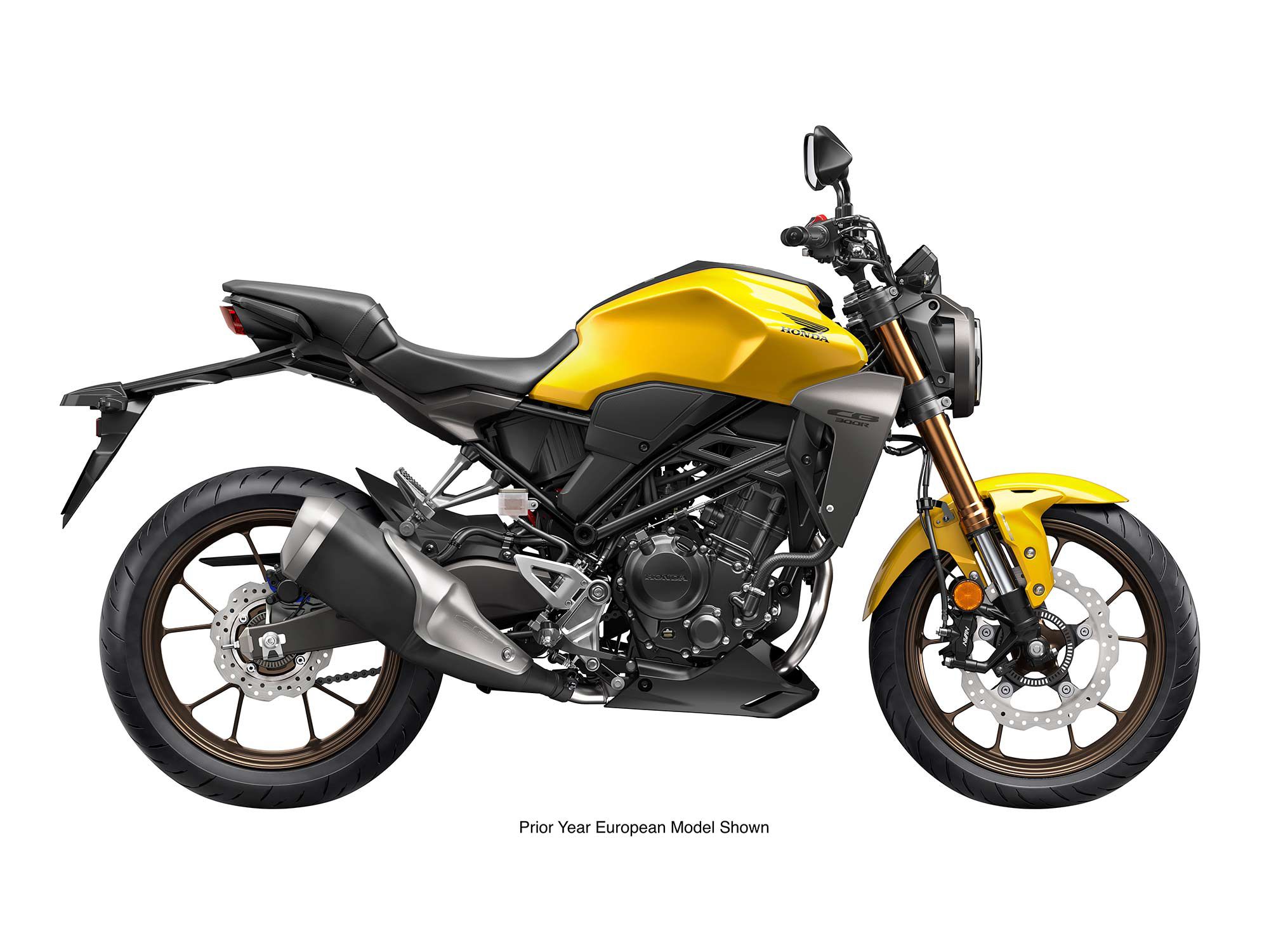 2023 Honda CB300R in Pearl Dusk Yellow.