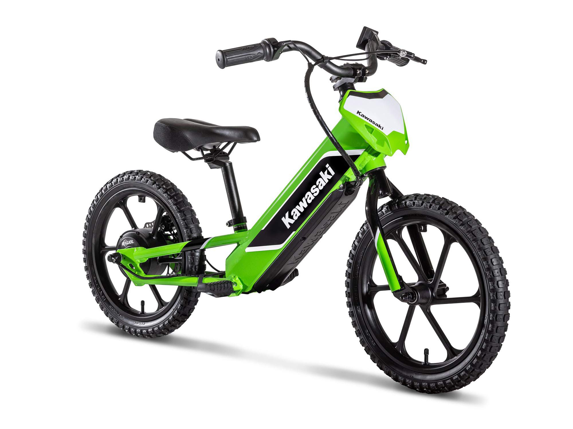 The Elektrode has KX-inspired styling with its number plate, lime green paint, and motocross-inspired graphics.