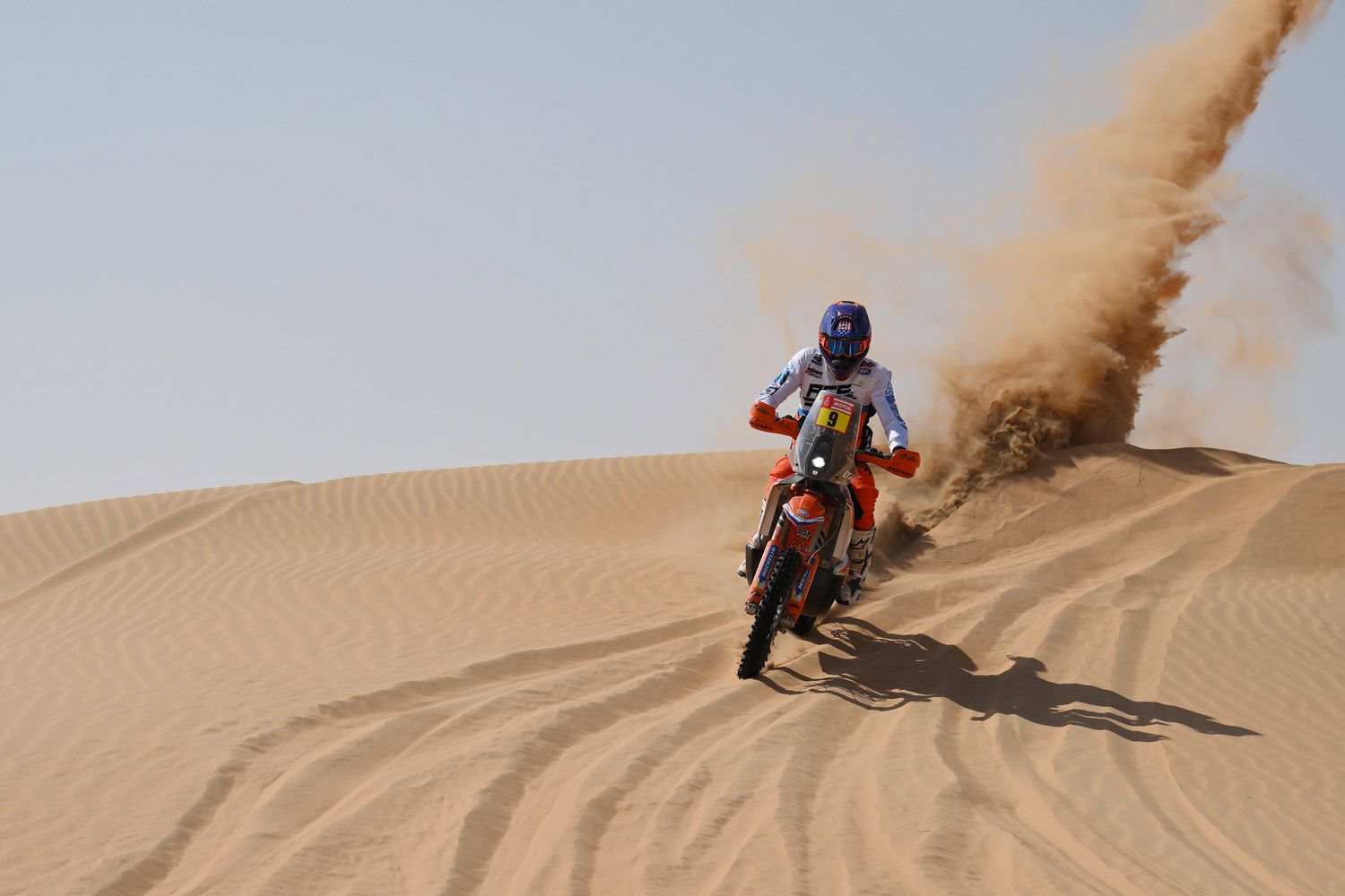 Dark horse candidate Mason Klein, BAS World KTM Racing Team, sends up a rooster tail made of sand in Stage 10, between Haradh and Shaybah, Saudi Arabia.