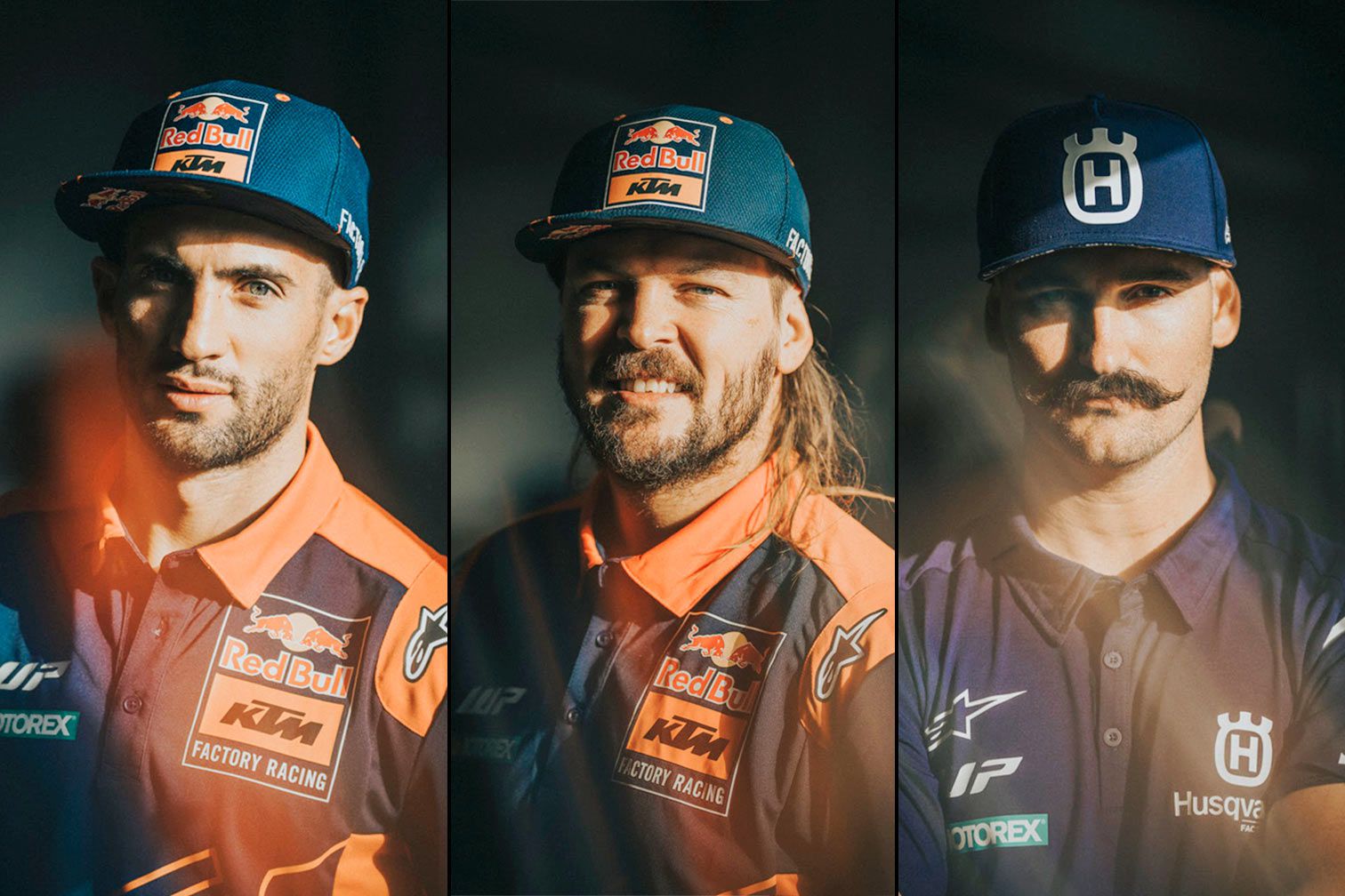 The Dakar 2023 podium finishers, from headshots taken before they’d raced a single mile. Kevin Benavides (ARG), Toby Price (AUS), and Skyler “Mustache Man” Howes (USA).