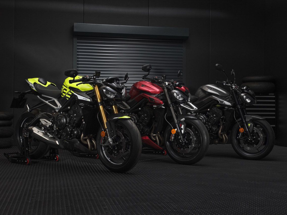 The Street Triple 765 lineup in full. Notice the lower, clip-on style handlebars on the Moto2 Edition.