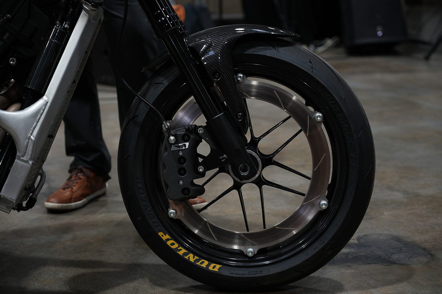 In typical Buell form, the Super Cruiser gets its signature perimeter-style front brake rotor matched to a giant eight-piston axial-mount caliper.
