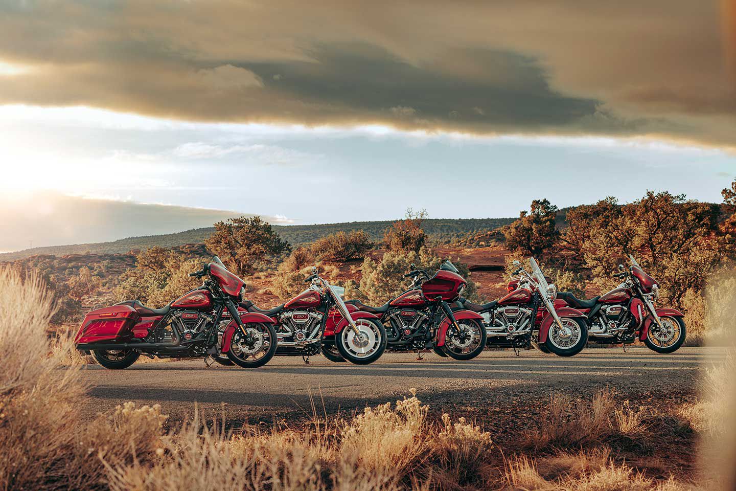 The 2023 Harley-Davidson 120th Anniversary lineup, from left to right: Street Glide Special, Fat Boy, Road Glide Special, Heritage Classic, Ultra Limited. Not pictured is the Tri Glide Ultra.