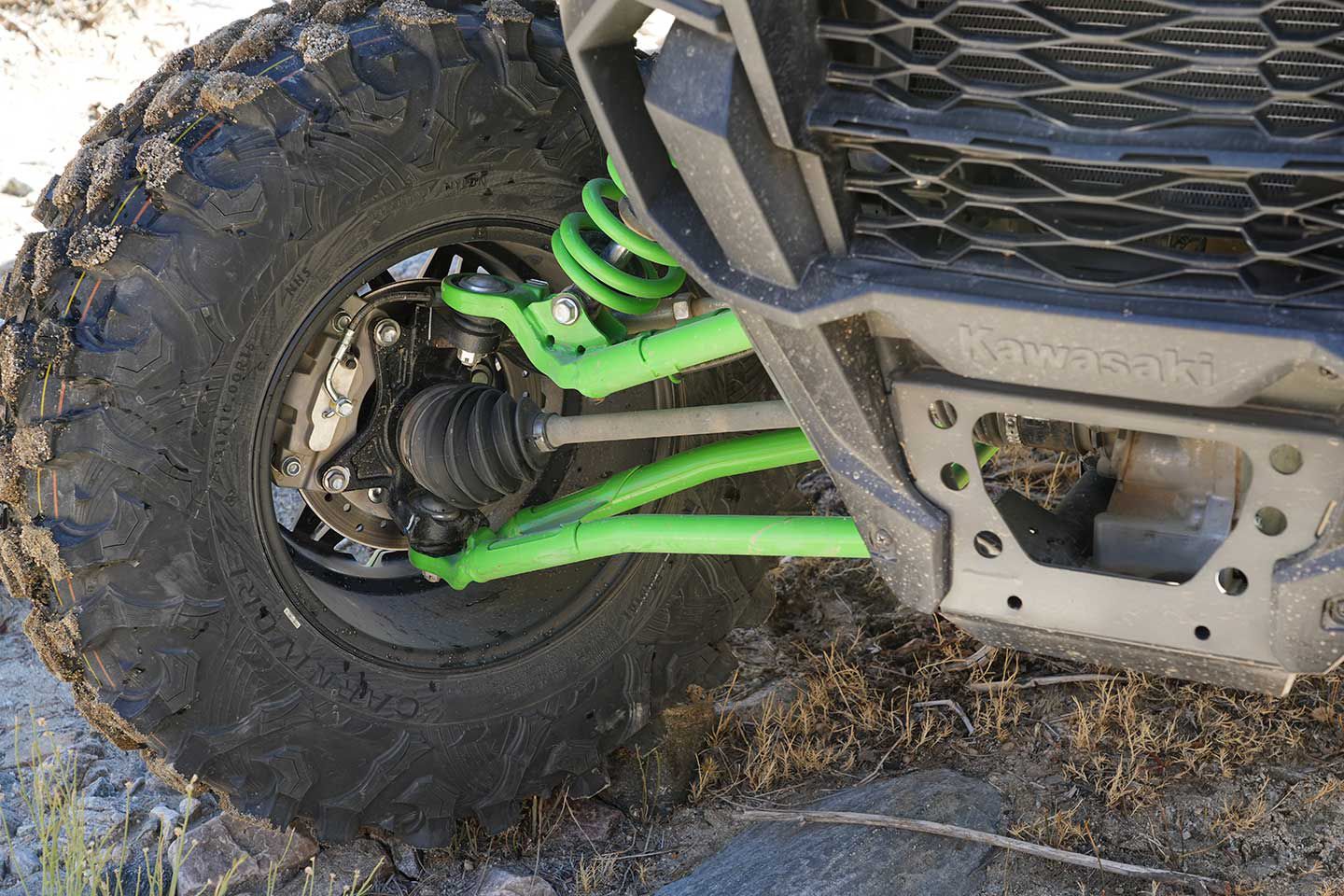 The 2023 Kawasaki Teryx KRX 1000 rolls on 15-inch rims shod with meaty 31-inch tires. Four-wheel disc brakes with stainless-steel brake lines keep speed in check.