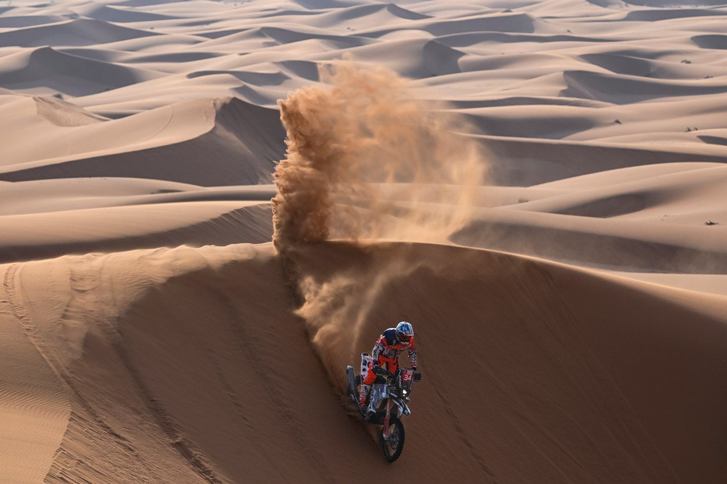 Rule 1: Do not jump the dunes. Emanuel Gyenes of the Autonet Motorcycle Team KTM.