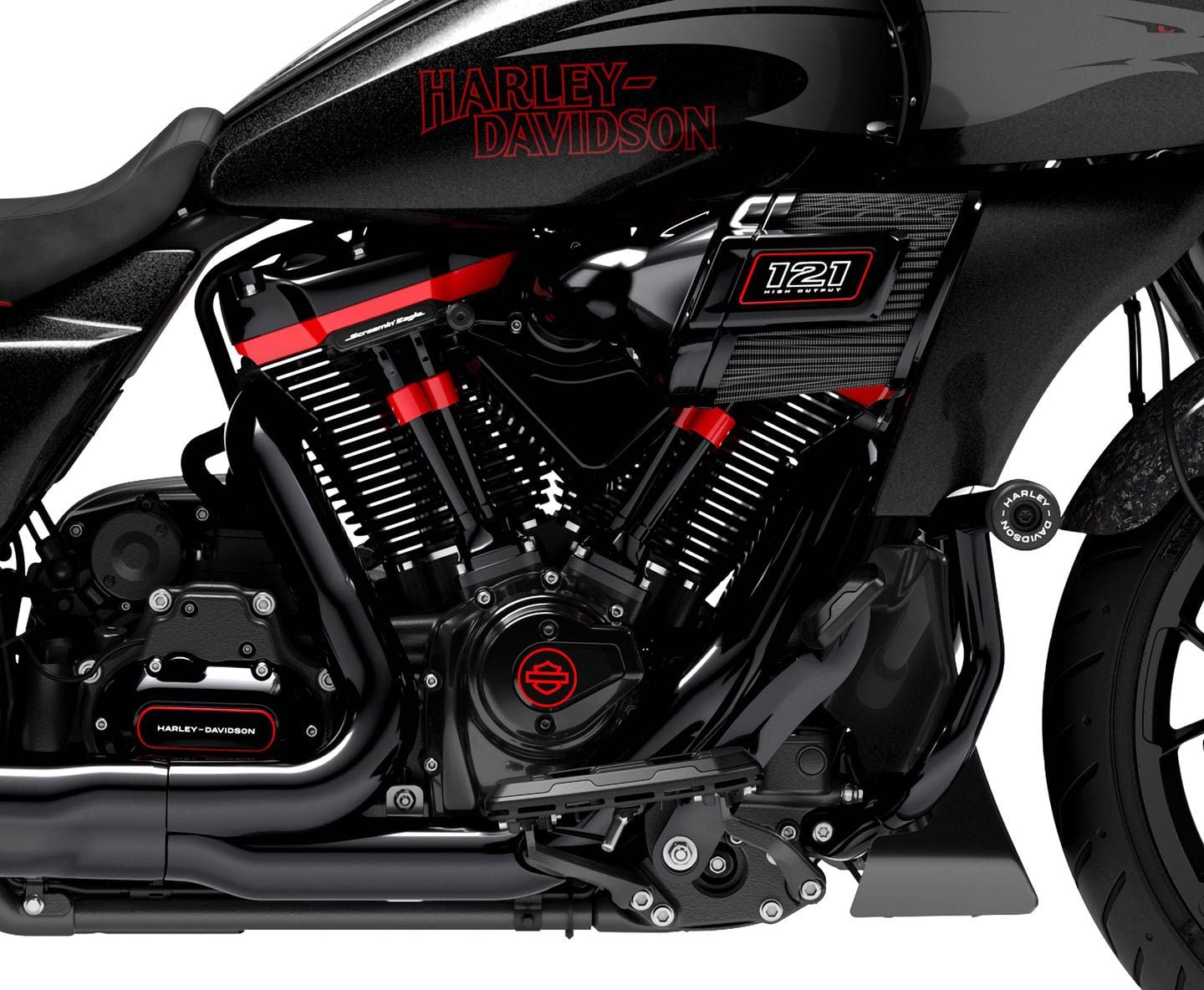 The CVO Road Glide ST embraces the “performance bagger” category courtesy of a Milwaukee-Eight 121 High Output V-twin engine tuned to produce more horsepower and torque than the Milwaukee-Eight VVT 121.
